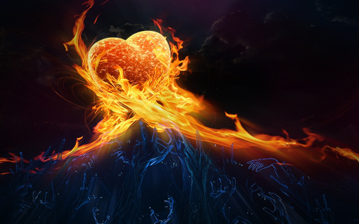 fiery heart, 4k, water hands, love concepts, burning heart, fire heart, fire flames