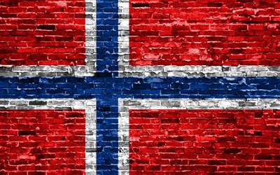 4k, ノルウェーフラグ, レンガの質感, 欧州, 国立記号, ノルウェーのフラグ, brickwall, ノルウェーの3Dフラグ, 欧州諸国, ノルウェー