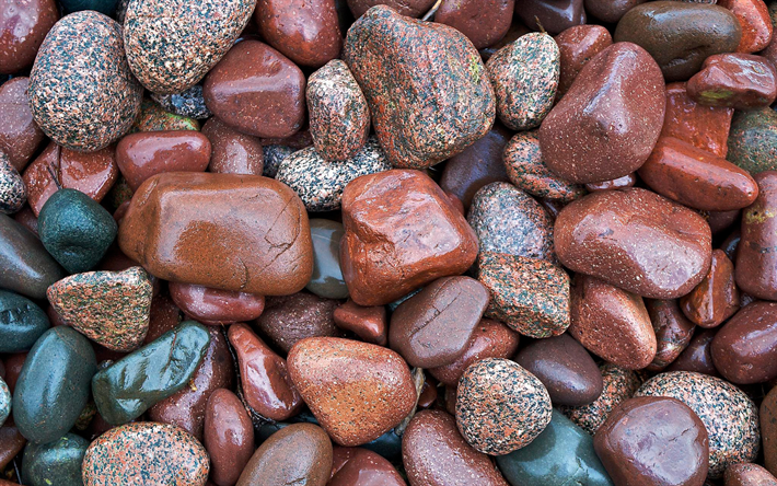 bruna stenar konsistens, makro, brun sten struktur, pebbles bakgrund, pebbles texturer, sten bakgrund, pebbles, brun bakgrund, v&#229;ta stenar