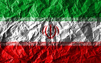 Iraniano bandeira, 4k, papel amassado, Pa&#237;ses asi&#225;ticos, criativo, Bandeira do ir&#227;, s&#237;mbolos nacionais, &#193;sia, Iran 3D bandeira, Iran