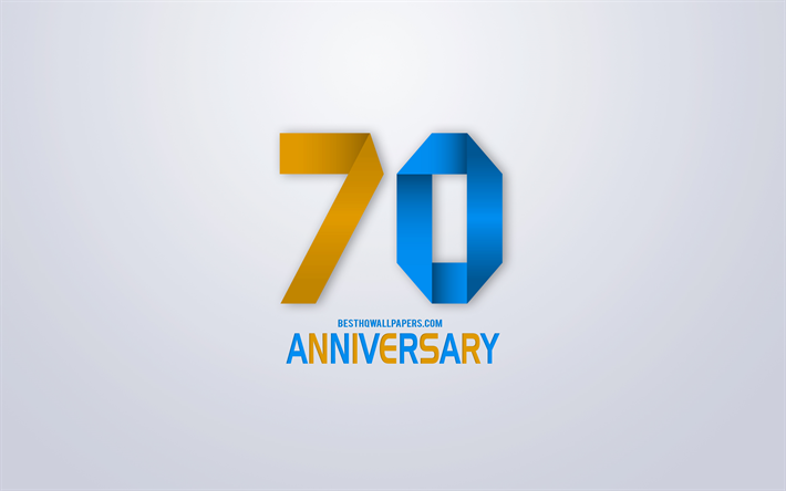70 &#176; Anniversario segno, origami anniversario simboli, blu, arancio origami cifre, sfondo Bianco, origami numeri, 70 &#176; Anniversario, arte creativa, a 70 Anni di Anniversario