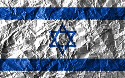 Israeli flag, 4k, crumpled paper, Asian countries, creative, Flag of Israel, national symbols, Asia, Israel 3D flag, Israel