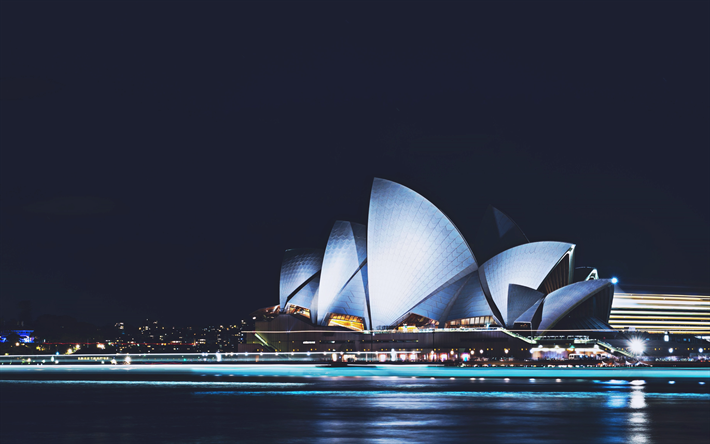 Gece Sydney Opera, 4k, nightscapes, Sydney Opera, şehir, Avustralya, Avustralya şehirleri, Sidney Limanı, Sidney Opera