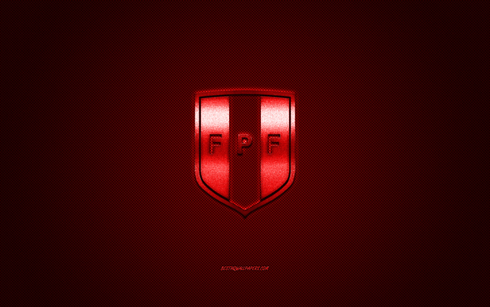 Peru national football team, emblem, red logo, red carbon fiber background, Peru football team logo, football, Peru