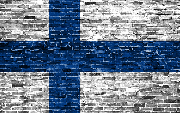 4k, Finnish flag, bricks texture, Europe, national symbols, Flag of Finland, brickwall, Finland 3D flag, European countries, Finland