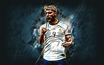 Sergio Aguero, Argentina national football team, Argentinean soccer player, portrait, blue creative background, Argentina, football