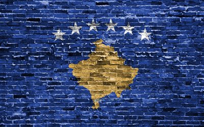 4k, Kosovar bandera, los ladrillos de la textura, de Europa, de los s&#237;mbolos nacionales, la Bandera de Kosovo, brickwall, Kosovo 3D de la bandera, los pa&#237;ses Europeos, Kosovo