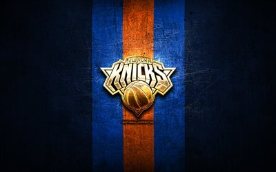 New York Knicks, golden logo, NBA, blue metal background, american basketball club, New York Knicks logo, basketball, USA, NY Knicks