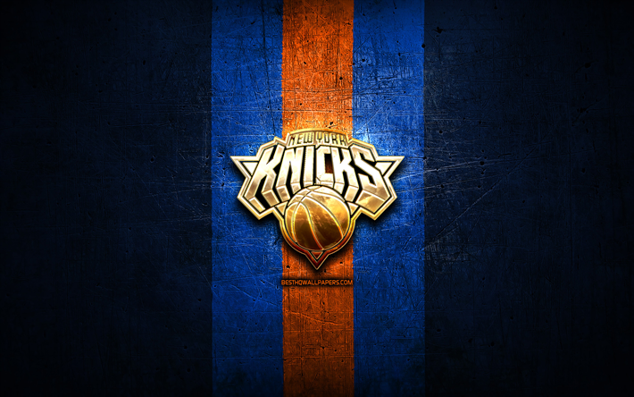 new york knicks, golden logo, nba, blau metall-hintergrund, der amerikanischen basketball-klub new york knicks logo, basketball, usa