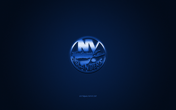 New York Islanders, American hockey club, NHL, bl&#229; logo, bl&#229; kolfiber bakgrund, hockey, New York, USA, National Hockey League, New York Islanders logotyp
