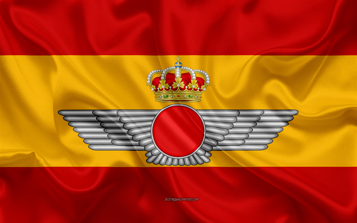 Spanish Air Force seal, 4K, silk flag, SAF flag, Spanish flag, Spain