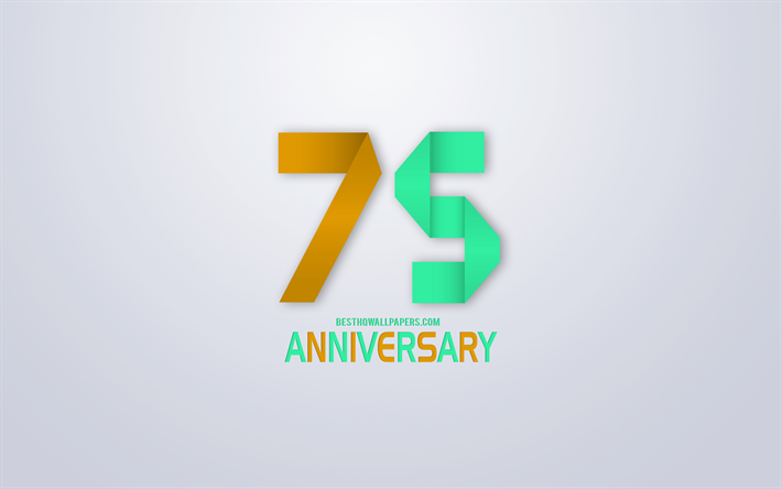 75th Anniversary sign, origami anniversary symbols, green orange origami digits, White background, origami numbers, 75th Anniversary, creative art, 75 Years Anniversary