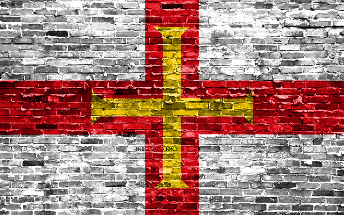 4k, Guernsey bandiera, mattoni texture, Europa, simboli nazionali, Bandiera di Guernsey, brickwall, Isole del Canale, isola di Guernsey 3D bandiera, paesi Europei, Guernsey