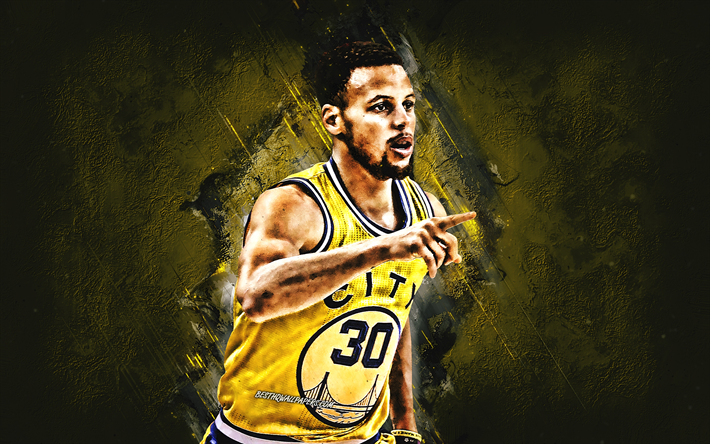 Stephen Curry dei Golden State Warriors, Giocatore di Basket Americano, pietra gialla sfondo, NBA, basket, USA