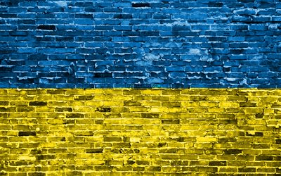 4k, ウクライナのフラグ, レンガの質感, 欧州, 国立記号, 旗のウクライナ, brickwall, ウクライナの3Dフラグ, 欧州諸国, ウクライナ
