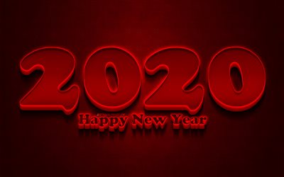 2020 red 3D digits, grunge, Happy New Year 2020, red metal background, 2020 neon art, 2020 concepts, red neon digits, 2020 on red background, 2020 year digits