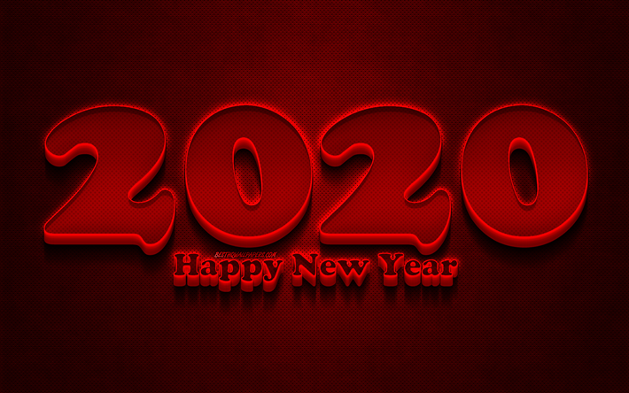 2020 rosso 3D cifre, grunge, Felice Nuovo Anno 2020, rosso, metallo, sfondo, 2020 neon art, 2020 concetti, rosso neon cifre, 2020 su sfondo rosso, il 2020 le cifre dell&#39;anno