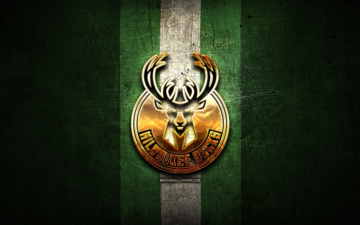 Milwaukee Bucks, golden logo, NBA, green metal background, american basketball club, Milwaukee Bucks logo, basketball, USA