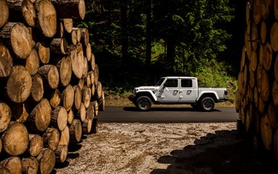 Jeep Gladiator, 2019, à l'extérieur, vue de côté, la nouvelle blanche Gladiateur, blanc SUV Jeep Wrangler, Jeep