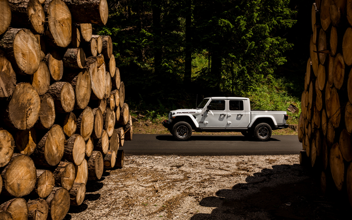 Jeep Gladiador, 2019, exterior, vista lateral, branco novo Gladiador, branco SUV Jeep Wrangler, Jeep