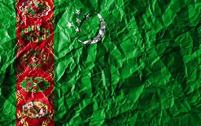 Turkmen flag, 4k, crumpled paper, Asian countries, creative, Flag of Turkmenistan, national symbols, Asia, Turkmenistan 3D flag, Turkmenistan