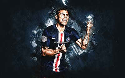 Thiago Silva, retrato, O PSG, Brasileiro jogador de futebol, O Paris Saint-Germain, Ligue 1 e futebol, Fran&#231;a, a pedra azul de fundo