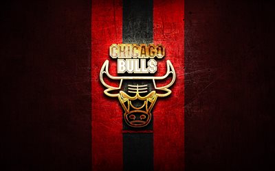 Chicago Bulls, golden logo, NBA, kırmızı metal arka plan, Amerikan basketbol kul&#252;b&#252;, Chicago Bulls logo, basketbol, ABD