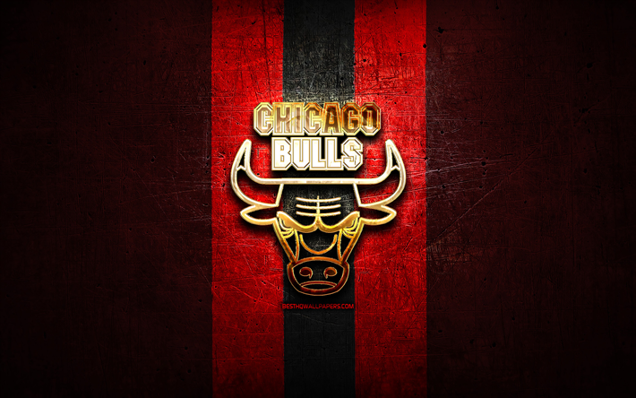 Chicago Bulls, golden logotyp, NBA, red metal bakgrund, amerikansk basket club, Chicago Bulls logotyp, basket, USA