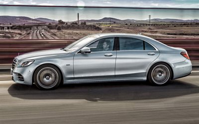 Mercedes-Benz S-Class, 2019, S560, Plug in Hybrid, side view, exterior, new silver S-Class, business class, German cars, Mercedes
