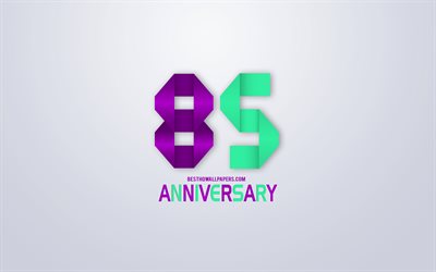85th Anniversary sign, origami anniversary symbols, green violet origami digits, White background, origami numbers, 85th Anniversary, creative art, 85 Years Anniversary