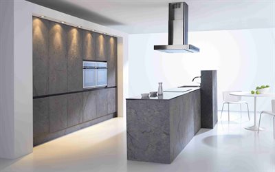 cucina grigio, 4k, grigio interni, design moderno, cucina grigio mobili, pareti bianche, interno minimalista, bianco poltrone
