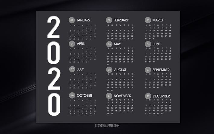 2020 Calendario, nero, sfondo elegante, linee nere sfondo, 2020 nero calendario, il calendario per il 2020 tutti i mesi, l&#39;Anno 2020 Calendario