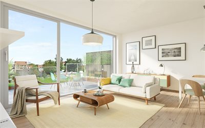 elegante brilhantes interior, sala de estar, mobili&#225;rio de madeira clara, um design interior moderno
