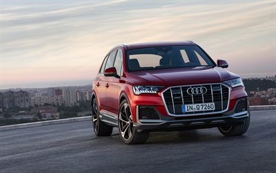 Audi Q7, 2020, front view, exterior, new red Q7, red luxury SUV, German cars, Audi