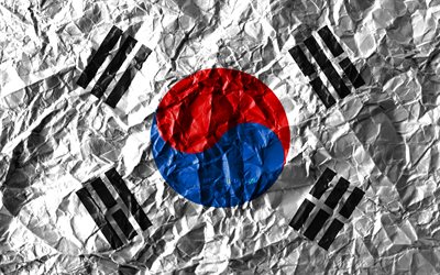 Bandeira da coreia do sul, 4k, papel amassado, Pa&#237;ses asi&#225;ticos, criativo, Bandeira da Coreia do Sul, s&#237;mbolos nacionais, &#193;sia, Coreia do sul 3D bandeira, Coreia Do Sul