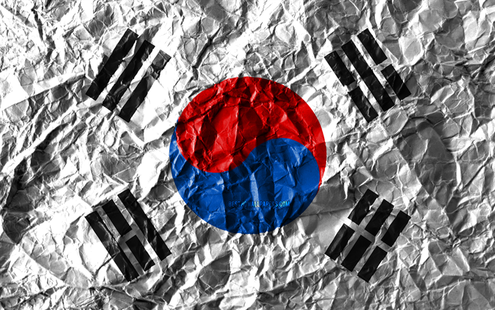 South Korean flag, 4k, crumpled paper, Asian countries, creative, Flag of South Korea, national symbols, Asia, South Korea 3D flag, South Korea