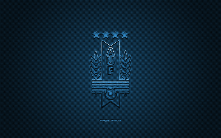 Uruguay national football team, emblem, blue logo, blue carbon fiber background, Uruguay football team logo, football, Uruguay