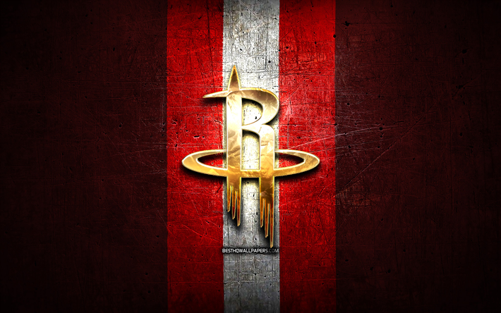Houston Rockets, golden logotyp, NBA, red metal bakgrund, amerikansk basket club, Houston Rockets logotyp, basket, USA