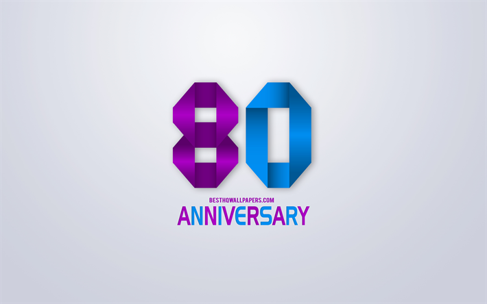 80th Anniversary sign, origami anniversary symbols, blue violet origami digits, White background, origami numbers, 80th Anniversary, creative art, 80 Years Anniversary