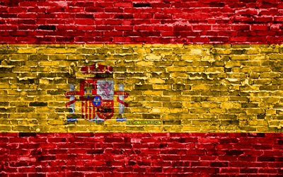 4k, Espanhol bandeira, tijolos de textura, Europa, s&#237;mbolos nacionais, Bandeira da Espanha, brickwall, Espanha 3D bandeira, Pa&#237;ses europeus, Espanha