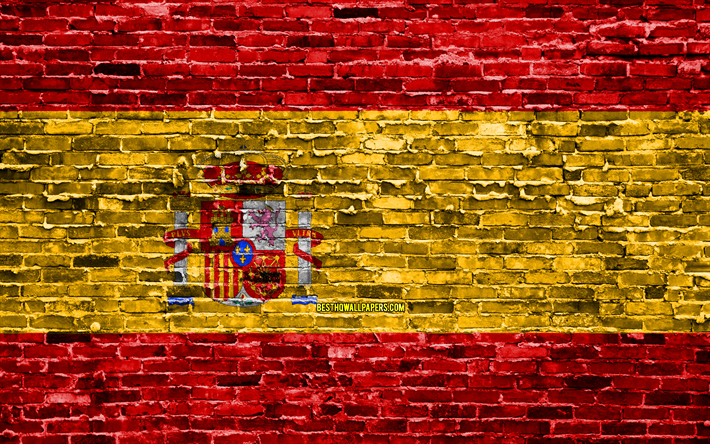 4k, İspanyolca bayrak, tuğla doku, İspanya, Avrupa, ulusal semboller, Bayrak, brickwall, İspanya 3D bayrak, Avrupa &#252;lkeleri