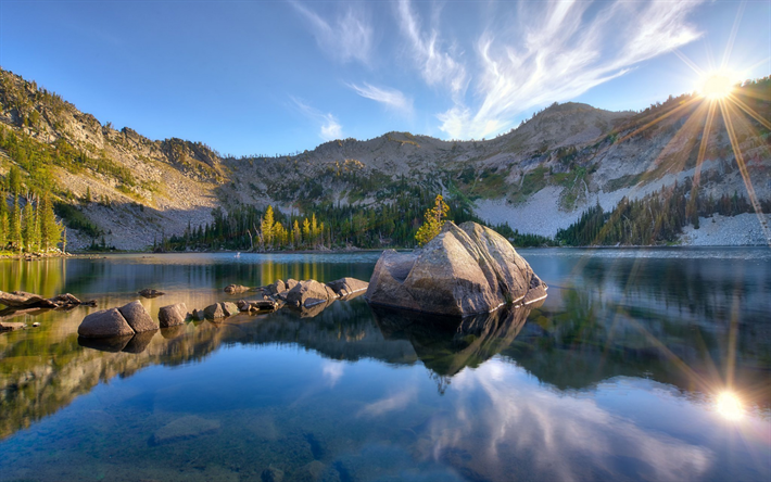 le matin, montagne, lac, lever du soleil, paysage de montagne, Oregon, &#233;tats-unis