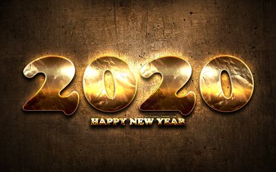 2020 gyllene siffror, grunge, Gott Nytt &#197;r 2020, brun metall bakgrund, 2020 metall konst, 2020 begrepp, gyllene siffror, 2020 p&#229; brun bakgrund, 2020 &#229;rs siffror