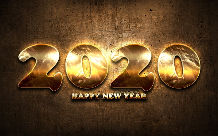 2020 golden cifre, grunge, Felice Nuovo Anno 2020, marrone, metallo, sfondo, 2020 arte del metallo, il 2020, concetti, dorato cifre, 2020 su sfondo marrone, 2020 le cifre dell&#39;anno