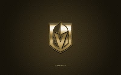 Vegas Golden Knights, American hockey club, NHL, golden logotyp, golden kolfiber bakgrund, hockey, Nevada, USA, National Hockey League, Vegas Golden Knights logotyp