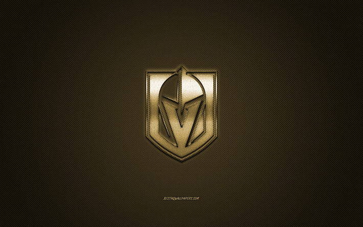 vegas golden knights, american hockey club, nhl, goldenes logo, goldene carbon-faser-hintergrund, hockey, nevada, usa, national hockey league, vegas golden knights-logo
