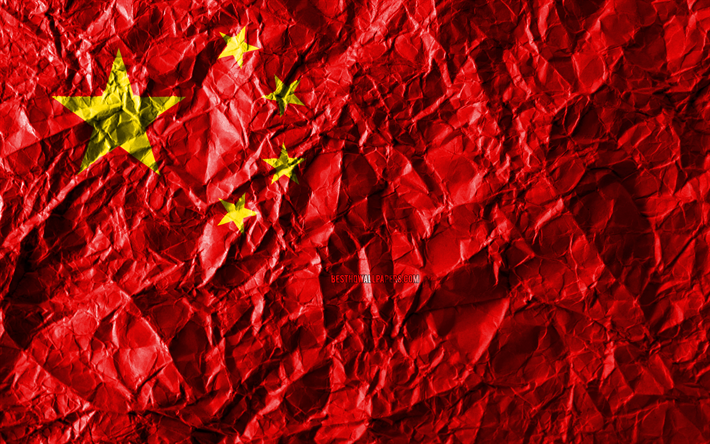 Kiinan lippu, 4k, rypistynyt paperi, Aasian maissa, luova, Lippu Kiina, kansalliset symbolit, Aasiassa, Kiina 3D flag, Kiina