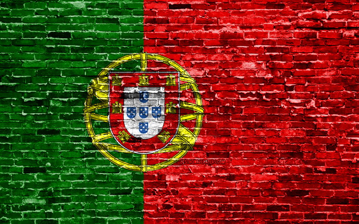 4k, Portuguese flag, bricks texture, Europe, national symbols, Flag of Portugal, brickwall, Portugal 3D flag, European countries, Portugal