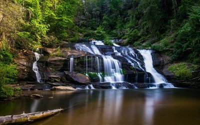 waterfall, lake, forest, green trees, beautiful waterfall, natural environment