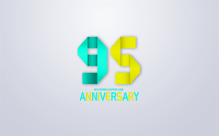 95 &#176; Anniversario segno, origami anniversario simboli, turchese, giallo origami cifre, sfondo Bianco, origami numeri, 95 &#176; Anniversario, arte creativa, 95 Anni
